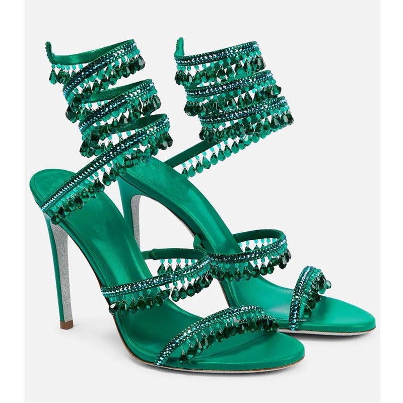 Crystal-Embellished Heels – Wrap-Around Rhinestone Gladiator Sandals - Styeenigma