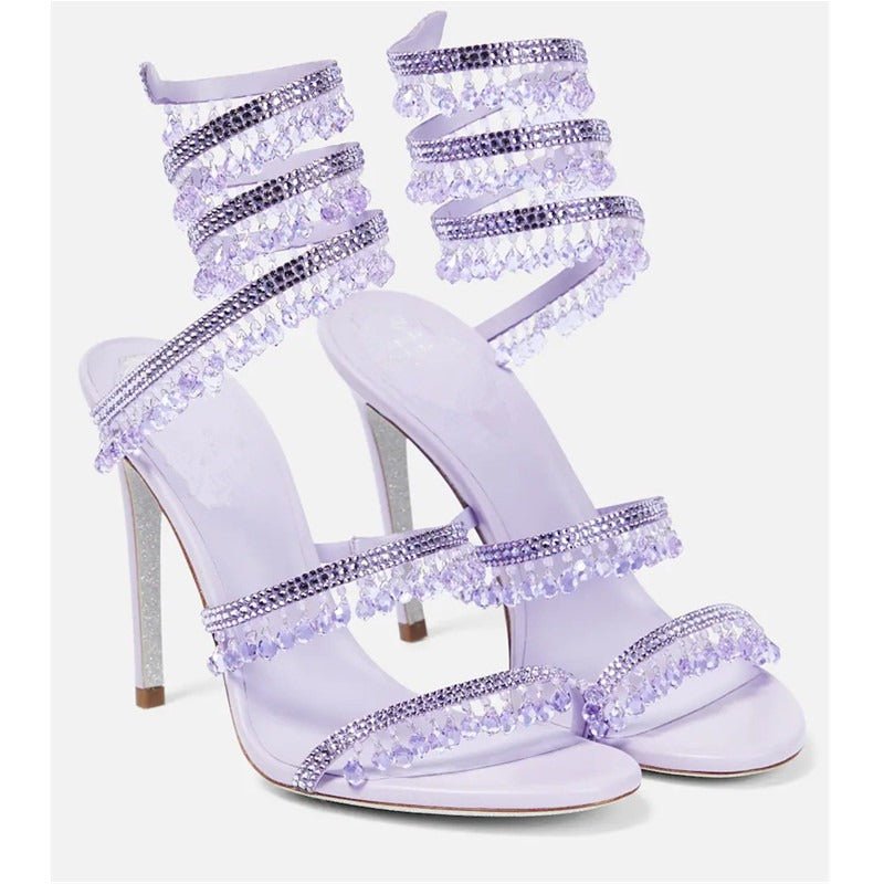 Crystal-Embellished Heels – Wrap-Around Rhinestone Gladiator Sandals - Styeenigma