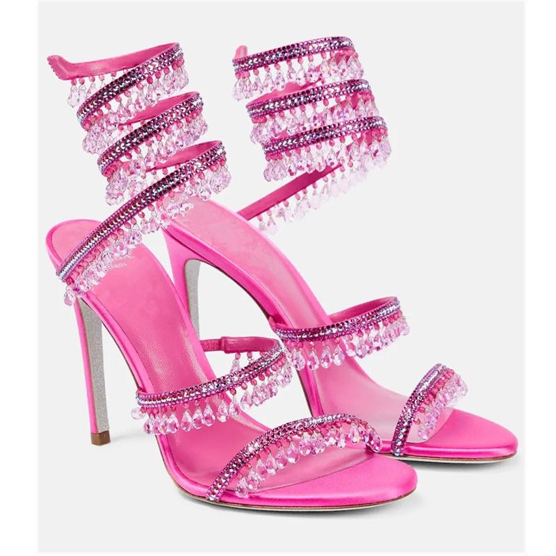 Crystal-Embellished Heels – Wrap-Around Rhinestone Gladiator Sandals - Styeenigma