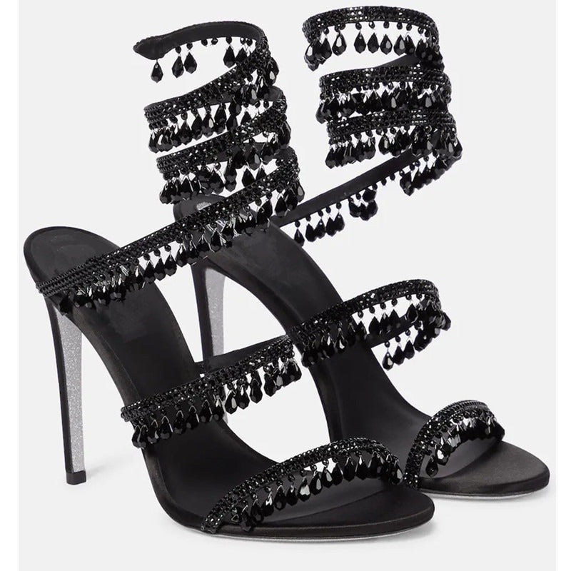 Crystal-Embellished Heels – Wrap-Around Rhinestone Gladiator Sandals - Styeenigma