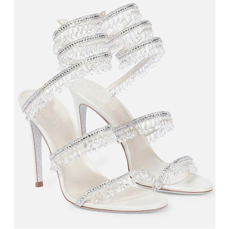Crystal-Embellished Heels – Wrap-Around Rhinestone Gladiator Sandals - Styeenigma