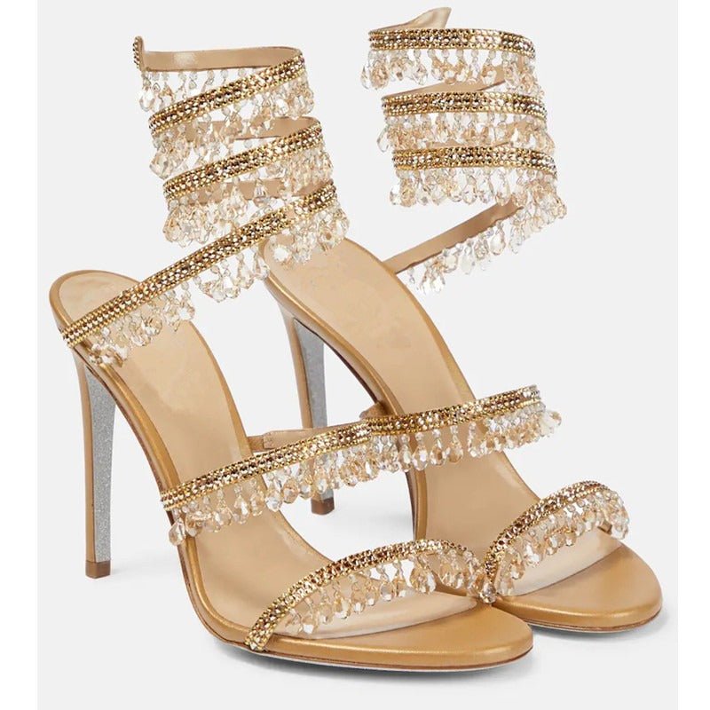 Crystal-Embellished Heels – Wrap-Around Rhinestone Gladiator Sandals - Styeenigma
