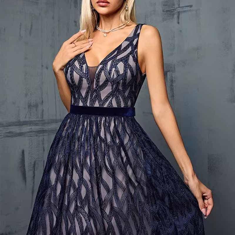 Deep Blue Sleeveless V-Neck Long Dress Wedding Guest Evening Gown - Styeenigma