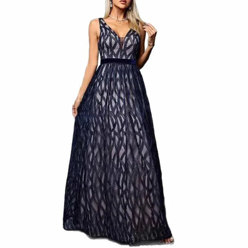 Deep Blue Sleeveless V-Neck Long Dress Wedding Guest Evening Gown - Styeenigma
