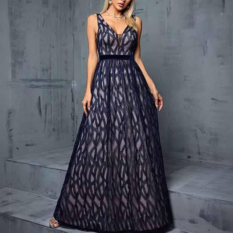 Deep Blue Sleeveless V-Neck Long Dress Wedding Guest Evening Gown - Styeenigma