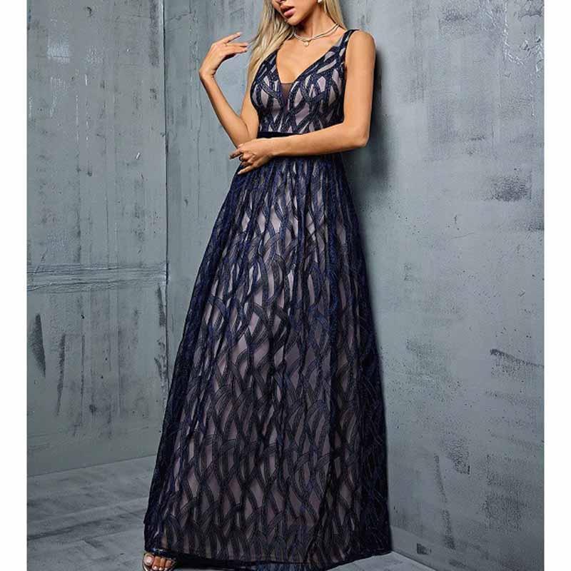 Deep Blue Sleeveless V-Neck Long Dress Wedding Guest Evening Gown - Styeenigma