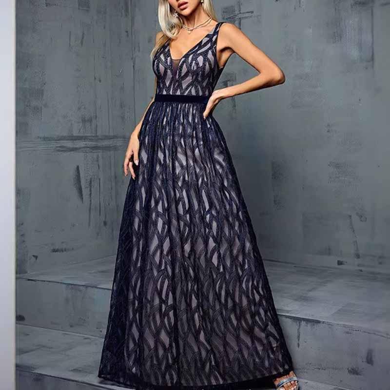 Deep Blue Sleeveless V-Neck Long Dress Wedding Guest Evening Gown - Styeenigma