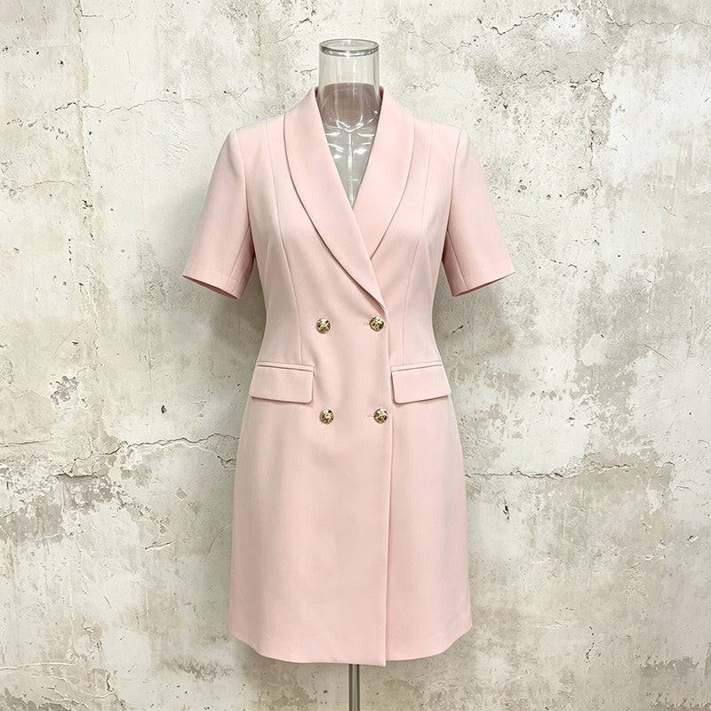 Double Breasted Blazer Dress Women's V-Neck Short Sleeve Slim Fit Office Dress - Styeenigma