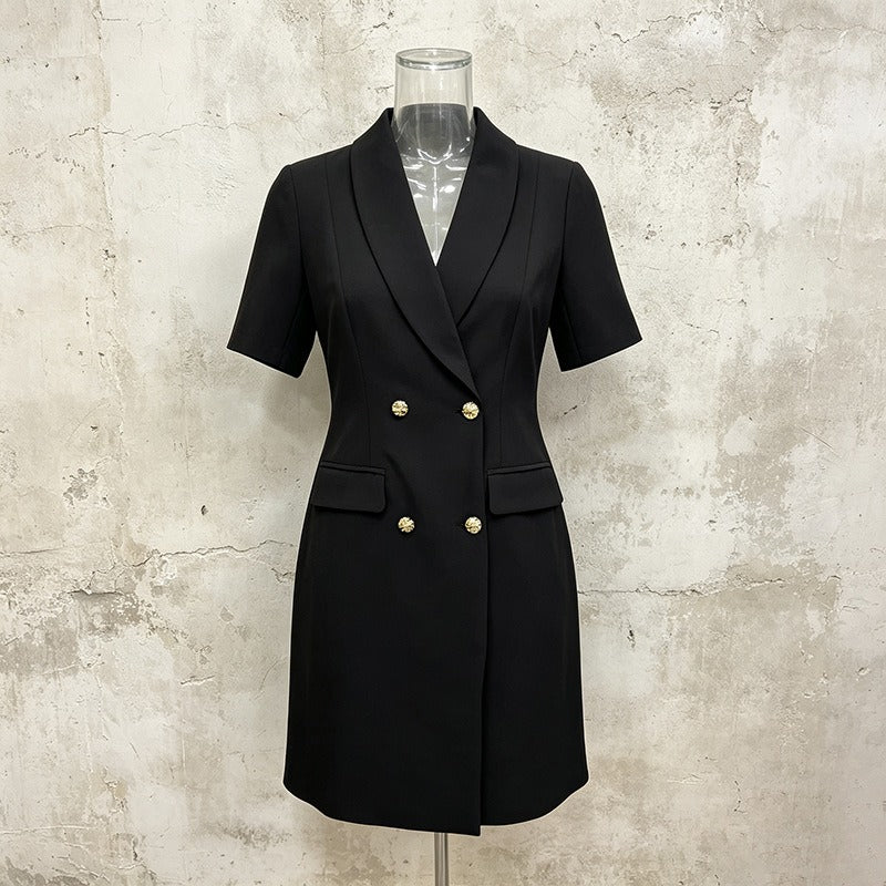 Double Breasted Blazer Dress Women's V-Neck Short Sleeve Slim Fit Office Dress - Styeenigma