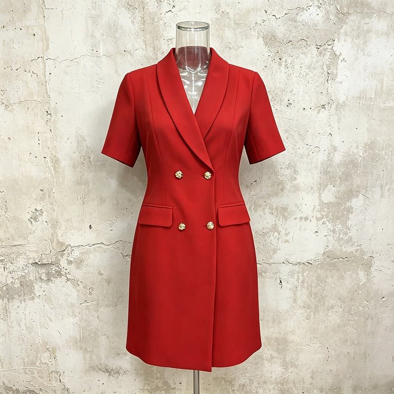 Double Breasted Blazer Dress Women's V-Neck Short Sleeve Slim Fit Office Dress - Styeenigma