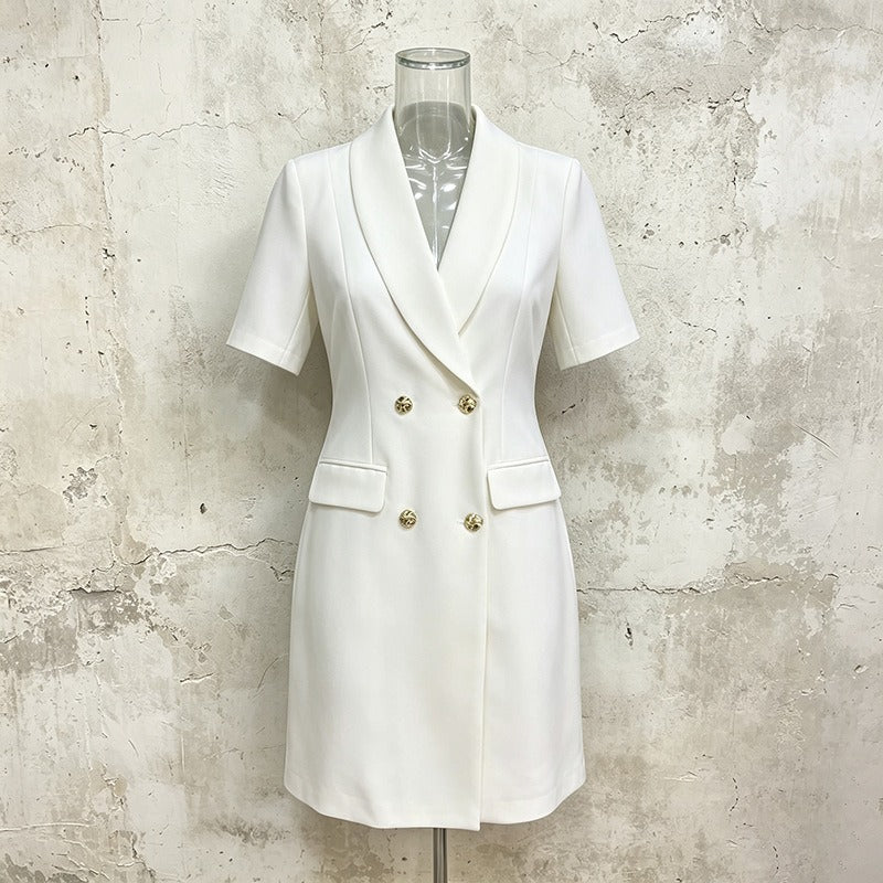Double Breasted Blazer Dress Women's V-Neck Short Sleeve Slim Fit Office Dress - Styeenigma