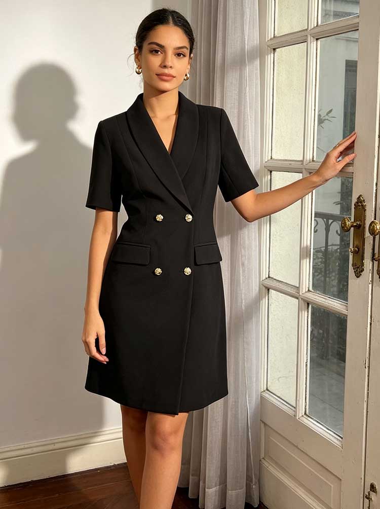 Double Breasted Blazer Dress Women's V-Neck Short Sleeve Slim Fit Office Dress - Styeenigma