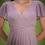 Dusty Pink Puff Sleeve V Neck Dress Wedding Guest Bridesmaid - Styeenigma