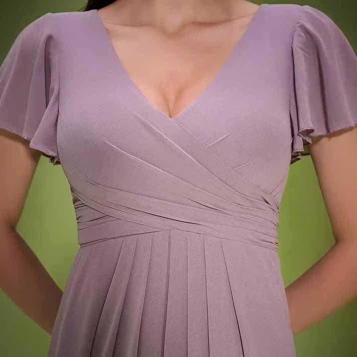 Dusty Pink Puff Sleeve V Neck Dress Wedding Guest Bridesmaid - Styeenigma