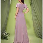 Dusty Pink Puff Sleeve V Neck Dress Wedding Guest Bridesmaid - Styeenigma