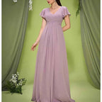 Dusty Pink Puff Sleeve V Neck Dress Wedding Guest Bridesmaid - Styeenigma
