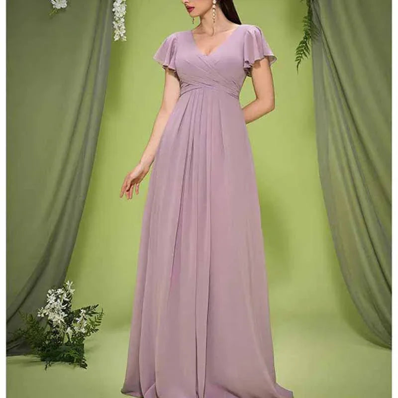 Dusty Pink Puff Sleeve V Neck Dress Wedding Guest Bridesmaid - Styeenigma