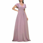 Dusty Pink Puff Sleeve V Neck Dress Wedding Guest Bridesmaid - Styeenigma