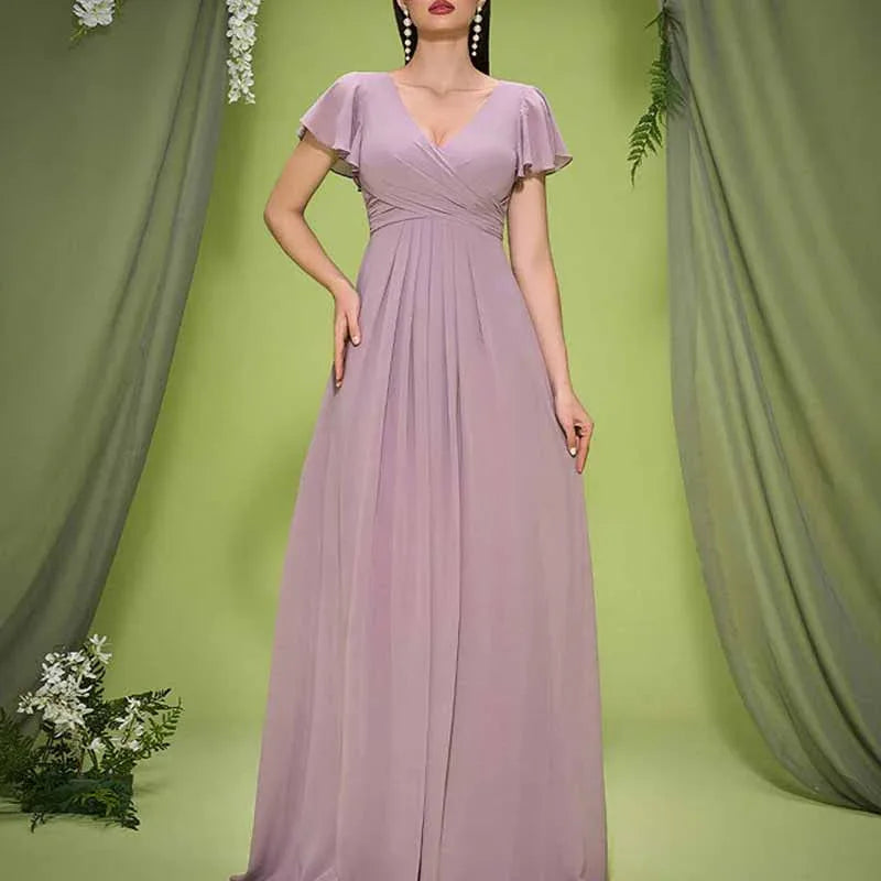 Dusty Pink Puff Sleeve V Neck Dress Wedding Guest Bridesmaid - Styeenigma