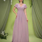 Dusty Pink Puff Sleeve V Neck Dress Wedding Guest Bridesmaid - Styeenigma