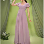 Dusty Pink Puff Sleeve V Neck Dress Wedding Guest Bridesmaid - Styeenigma