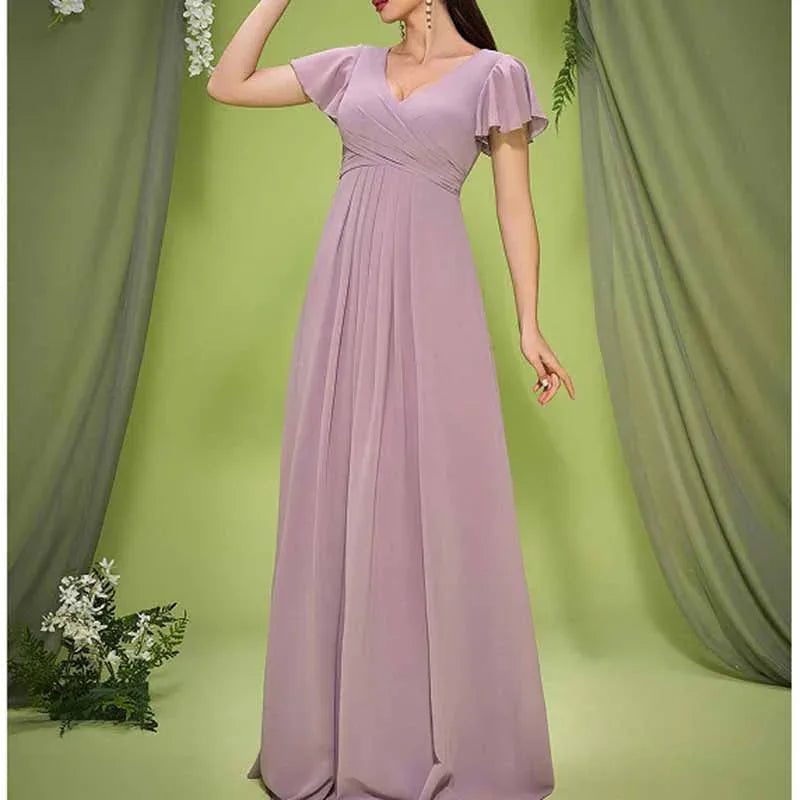 Dusty Pink Puff Sleeve V Neck Dress Wedding Guest Bridesmaid - Styeenigma