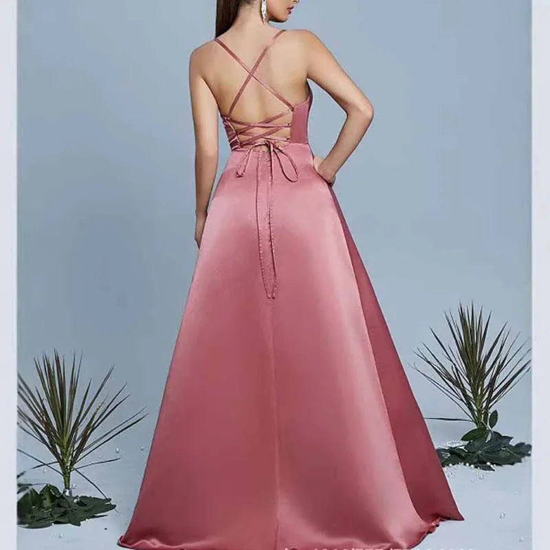 Dusty Rose Satin A-Line Evening Gown | Wedding Guest Dress - Styeenigma