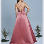 Dusty Rose Satin A-Line Evening Gown | Wedding Guest Dress - Styeenigma