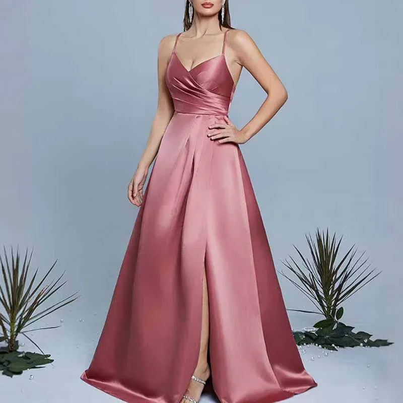 Dusty Rose Satin A-Line Evening Gown | Wedding Guest Dress - Styeenigma