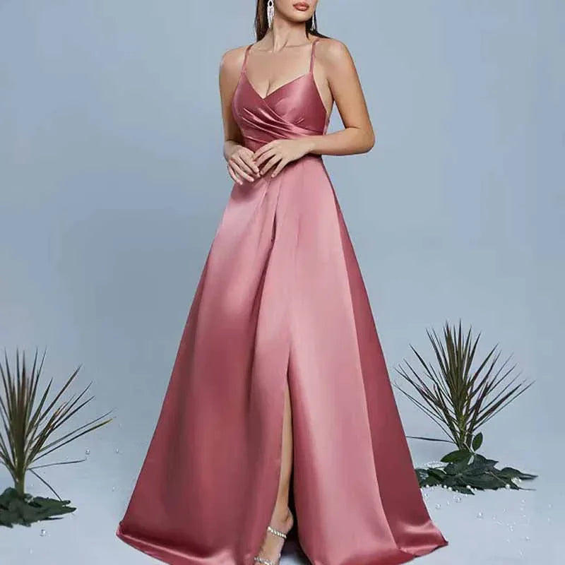 Dusty Rose Satin A-Line Evening Gown | Wedding Guest Dress - Styeenigma