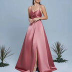 Dusty Rose Satin A-Line Evening Gown | Wedding Guest Dress - Styeenigma