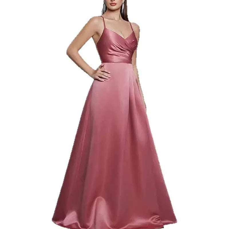 Dusty Rose Satin A-Line Evening Gown | Wedding Guest Dress - Styeenigma