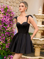 Elegant Black Corset Mini Dress for Women | Bow Shoulder Straps, Party & Evening Wear