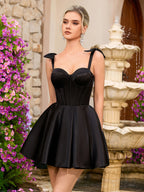 Elegant Black Corset Mini Dress for Women | Bow Shoulder Straps, Party & Evening Wear