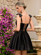 Elegant Black Corset Mini Dress for Women | Bow Shoulder Straps, Party & Evening Wear