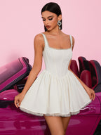 White Lace Spaghetti Strap Cami Dress | Square Neck Short Party Dress with Floral Lace Trim