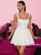 White Lace Spaghetti Strap Cami Dress | Square Neck Short Party Dress with Floral Lace Trim