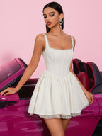 White Lace Spaghetti Strap Cami Dress | Square Neck Short Party Dress with Floral Lace Trim