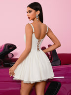 White Lace Spaghetti Strap Cami Dress | Square Neck Short Party Dress with Floral Lace Trim