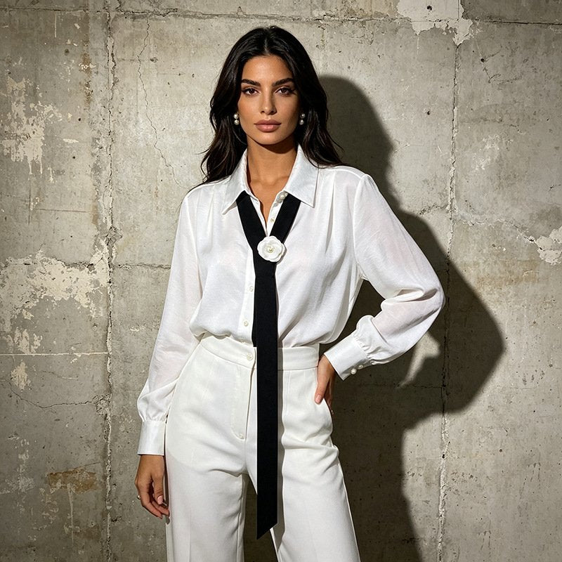 Floral Tie Neck Blouse Women | Sheer Long Sleeve Collared Shirt - Styeenigma