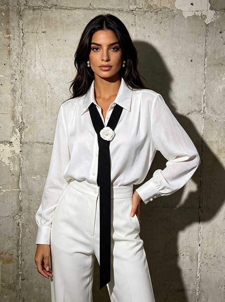 Floral Tie Neck Blouse Women | Sheer Long Sleeve Collared Shirt - Styeenigma