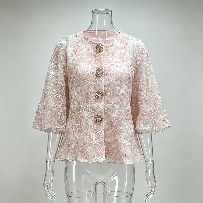 Floral Lace Blouse Women's Puff Sleeve Top Gold Buttons