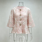 Floral Lace Blouse Women's Puff Sleeve Top Gold Buttons
