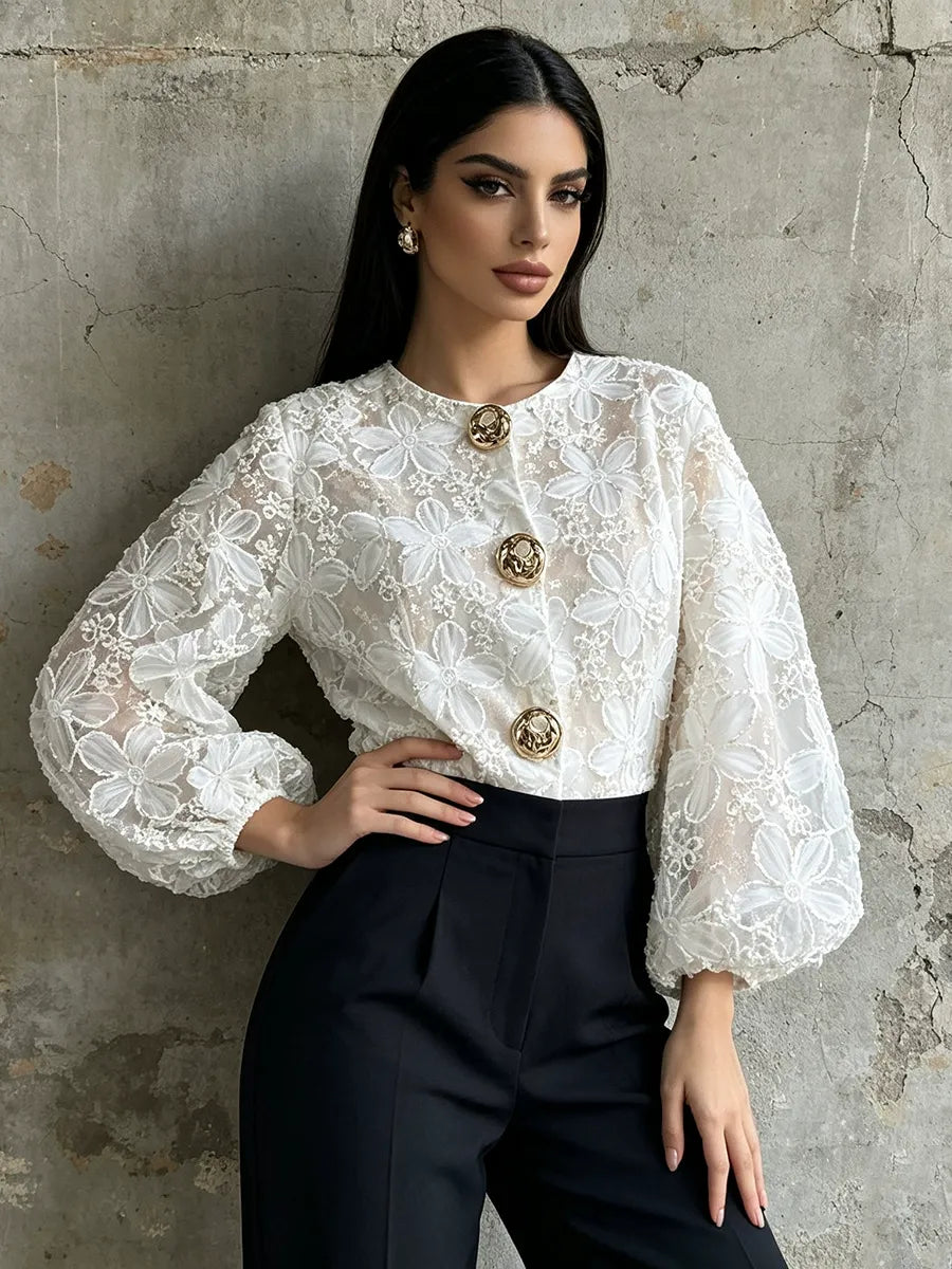 Floral Lace Blouse Women's Puff Sleeve Top Gold Buttons