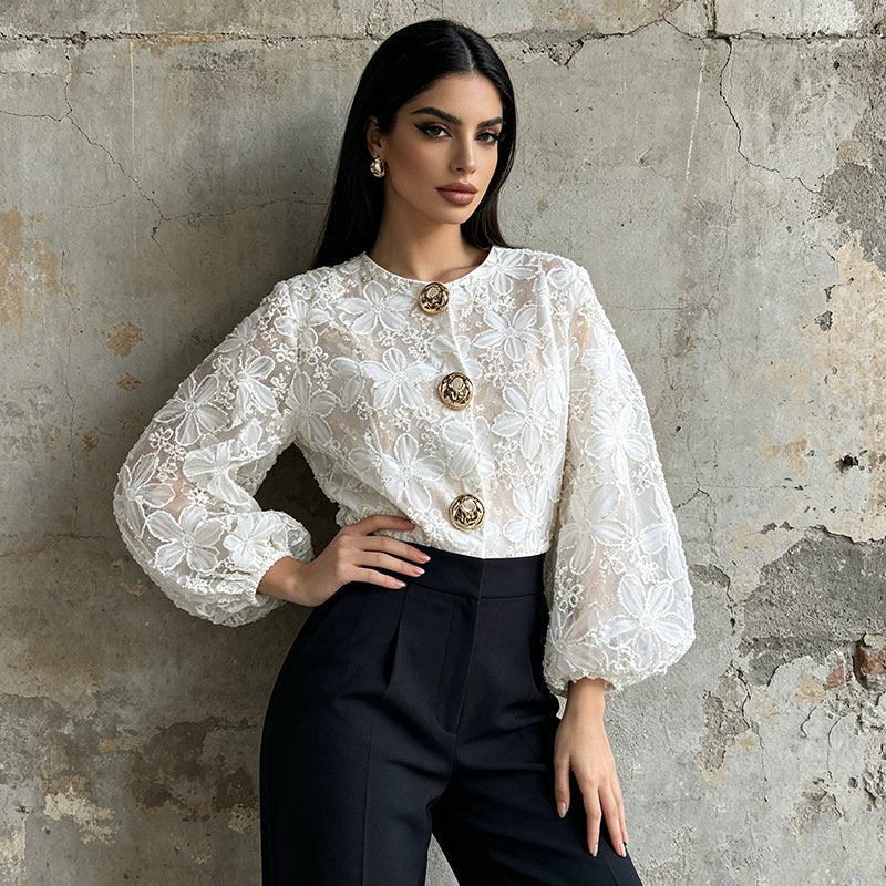 Floral Lace Blouse Women's Puff Sleeve Top Gold Buttons - Styeenigma