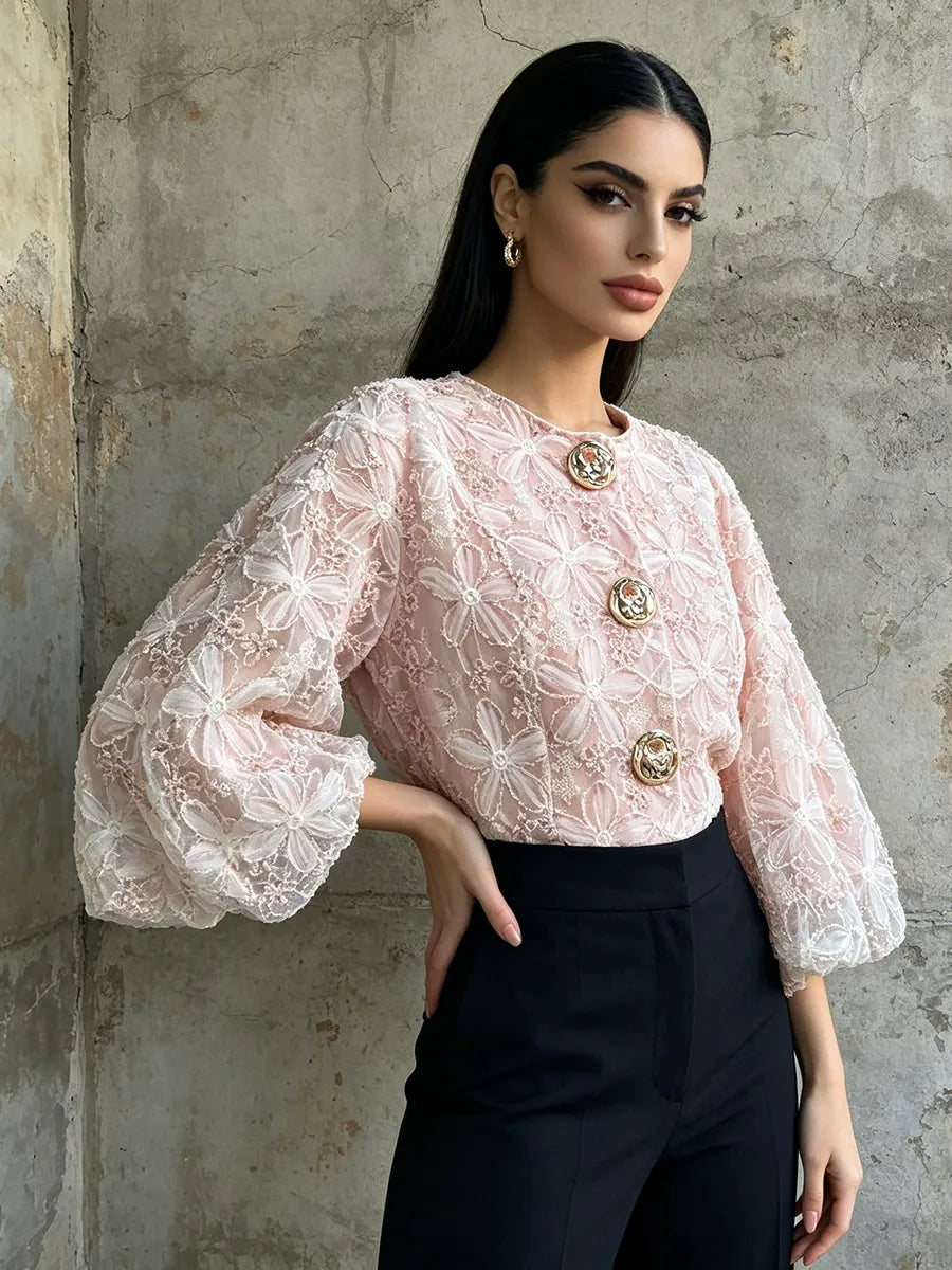 Floral Lace Blouse Women's Puff Sleeve Top Gold Buttons