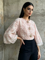 Floral Lace Blouse Women's Puff Sleeve Top Gold Buttons