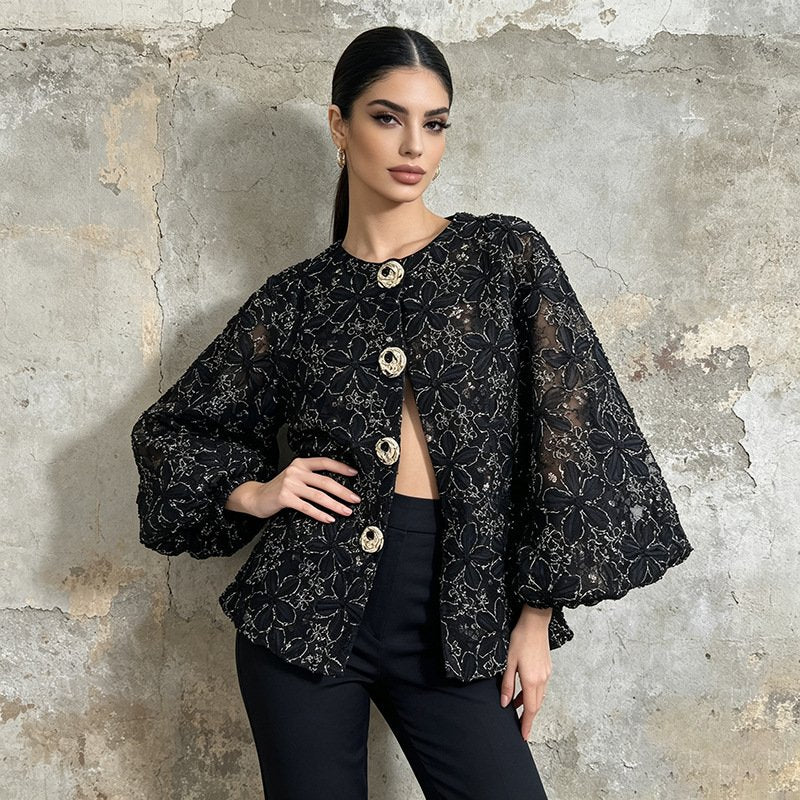 Floral Lace Blouse Women's Puff Sleeve Top Gold Buttons - Styeenigma