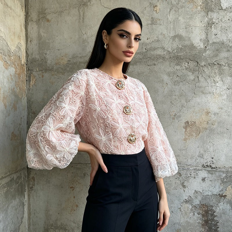 Floral Lace Blouse Women's Puff Sleeve Top Gold Buttons