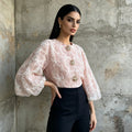 Floral Lace Blouse Women's Puff Sleeve Top Gold Buttons